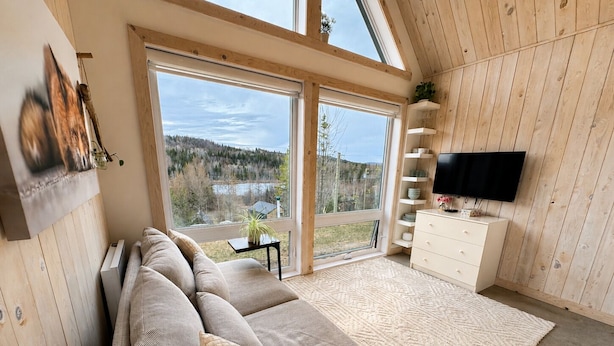 Una sala de estar moderna con un sofá, una televisión y vistas a un lago.