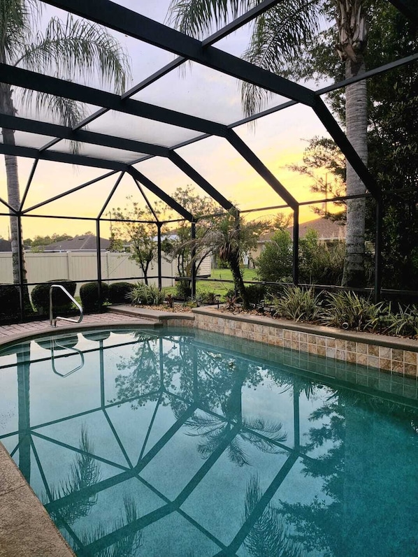 A swimming pool with a geometric metal roof structure, surrounded by palm trees and a grassy area.
