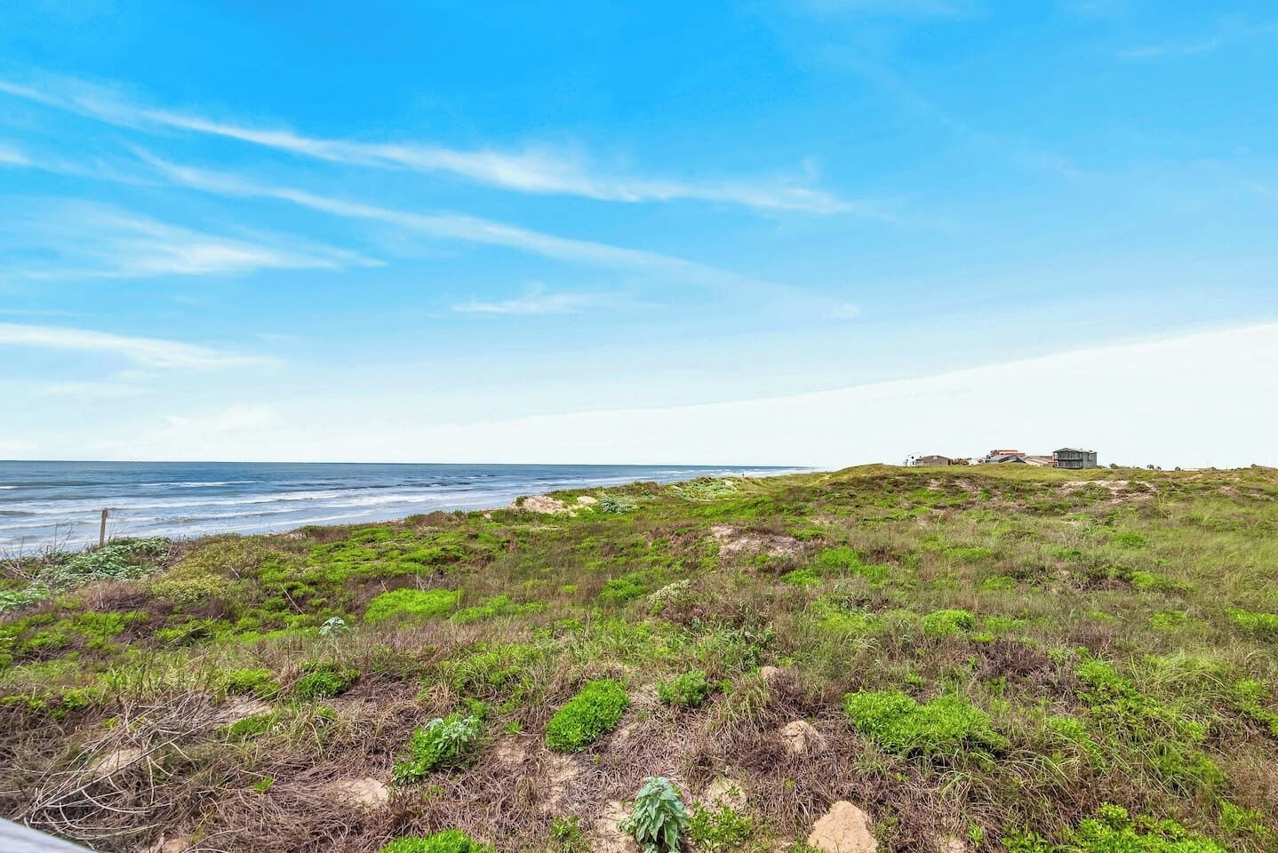 A coastal landscape with a grassy area, a body of water, and a building in the distance.