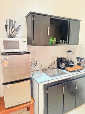 A kitchenette with a microwave, refrigerator, sink, and cabinets. - 2 minutes walk to the boardwalk and 4 to the beach (Puerto Vallarta)