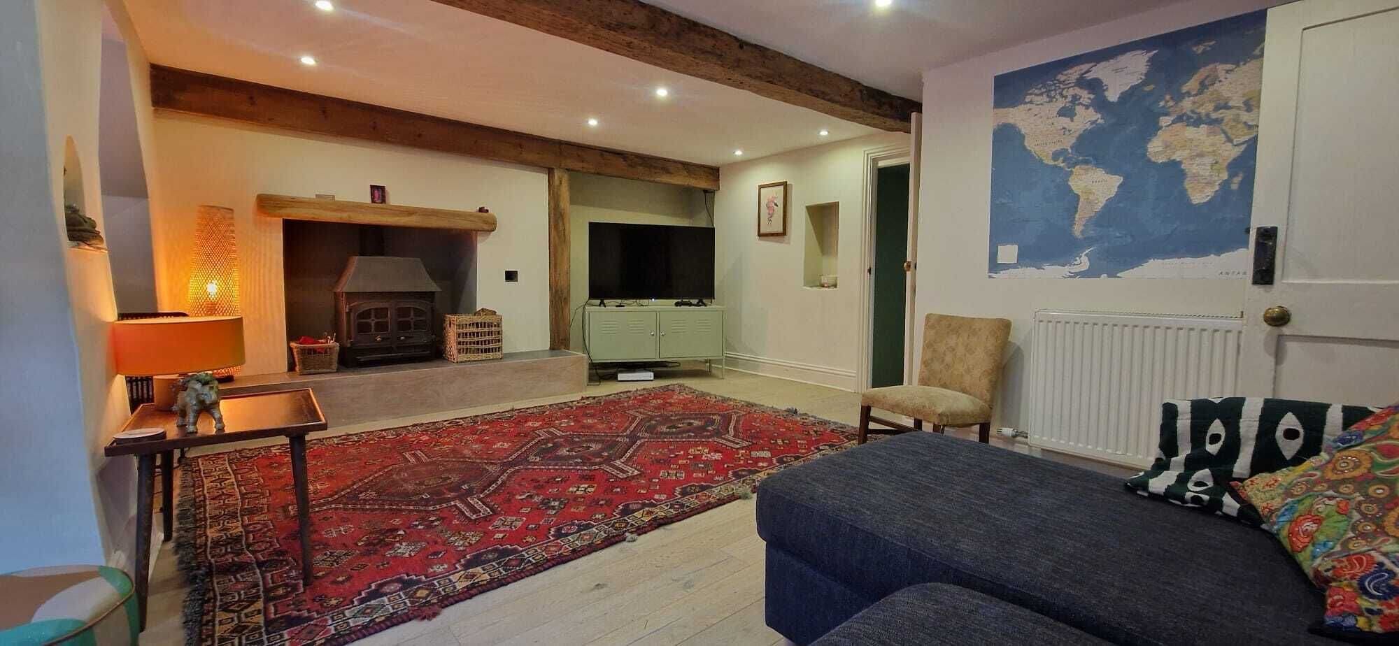 A cozy living room with a fireplace, a television, a large rug, and a bed with patterned pillows.