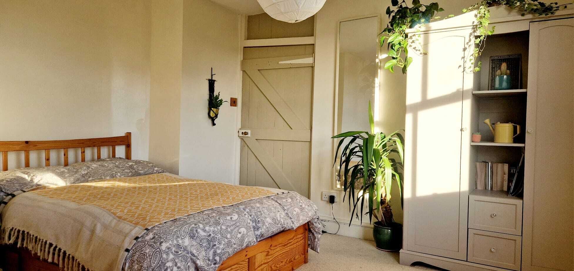 Una camera da letto con un letto, un armadio, una porta e una pianta in vaso.