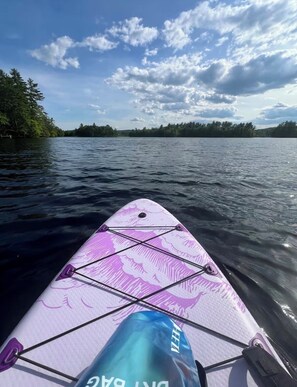Ein Stand-Up-Paddle auf dem Wasser, im Hintergrund eine bewaldete Uferlinie.