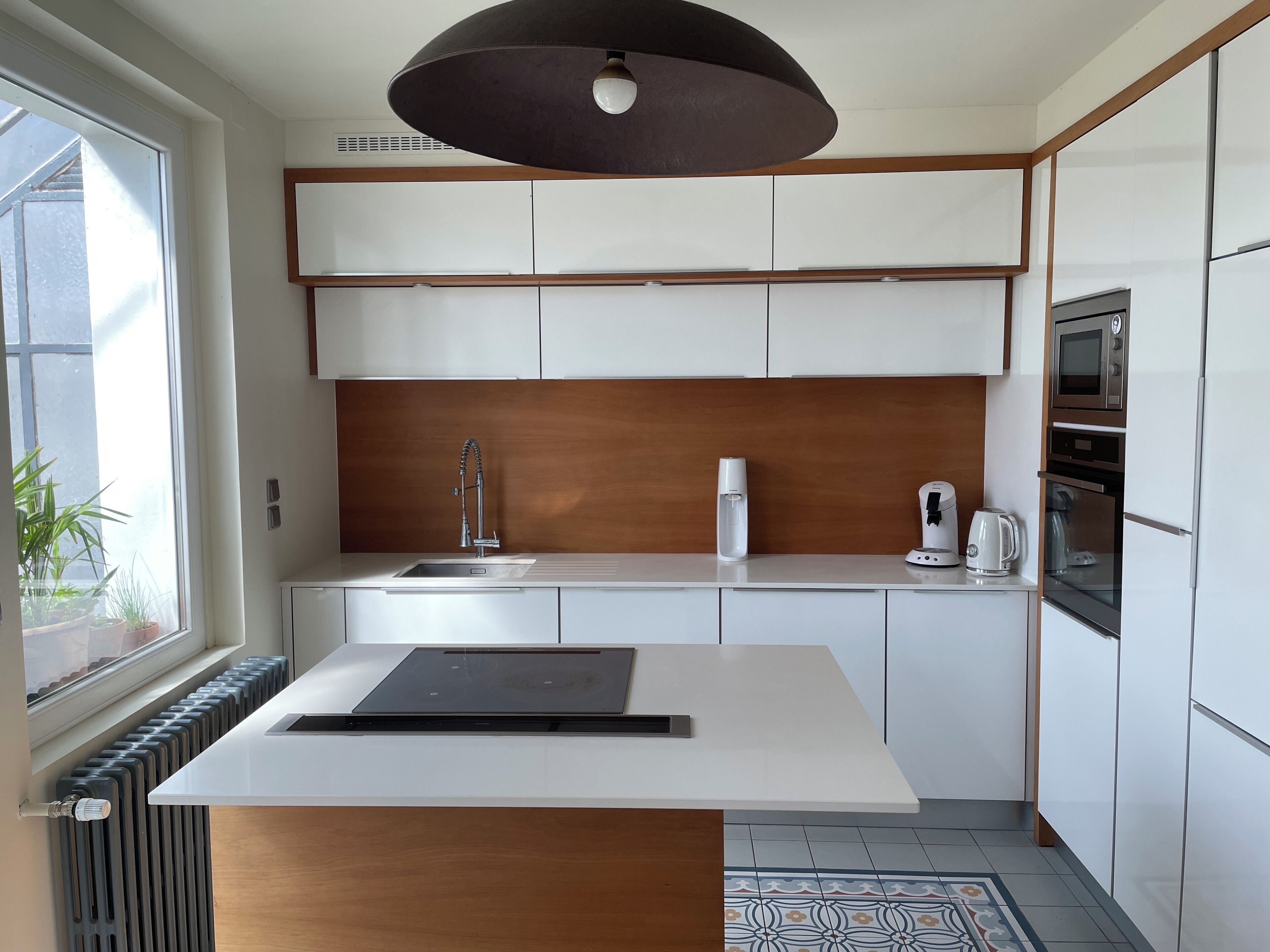 Une cuisine moderne dotée d’un îlot central, d’appareils électroménagers intégrés et d’une fenêtre agrémentée de plantes.
