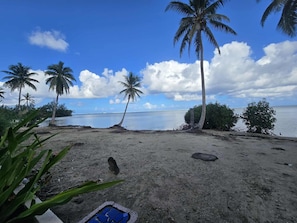 A beach with palm trees, a sandy shore, and a calm sea under a partly cloudy sky. - Villa Fareatai (Raiatea)
