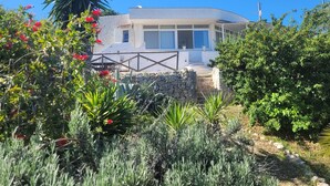 A house with a stone wall, a wooden fence, and a garden with various plants and flowers. - Trullo in panoramic position near Ostuni (Ostuni)