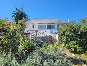 A house with a stone wall, a wooden fence, and a garden with various plants and flowers. - Trullo in panoramic position near Ostuni (Ostuni)