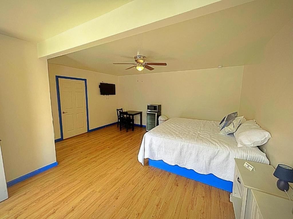 A bedroom with a bed, a desk, a chair, a ceiling fan, and a television.