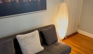 Ein graues Sofa mit zwei Kissen, einer Stehlampe und einem gerahmten Bild an der Wand.