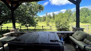 An outdoor covered patio with a barbecue table and seating, overlooking a grassy field and trees. - Spacious 4-bed in Eugene - Gated, Fenced Estate 10 min from Downtown/Wineries (Eugene)