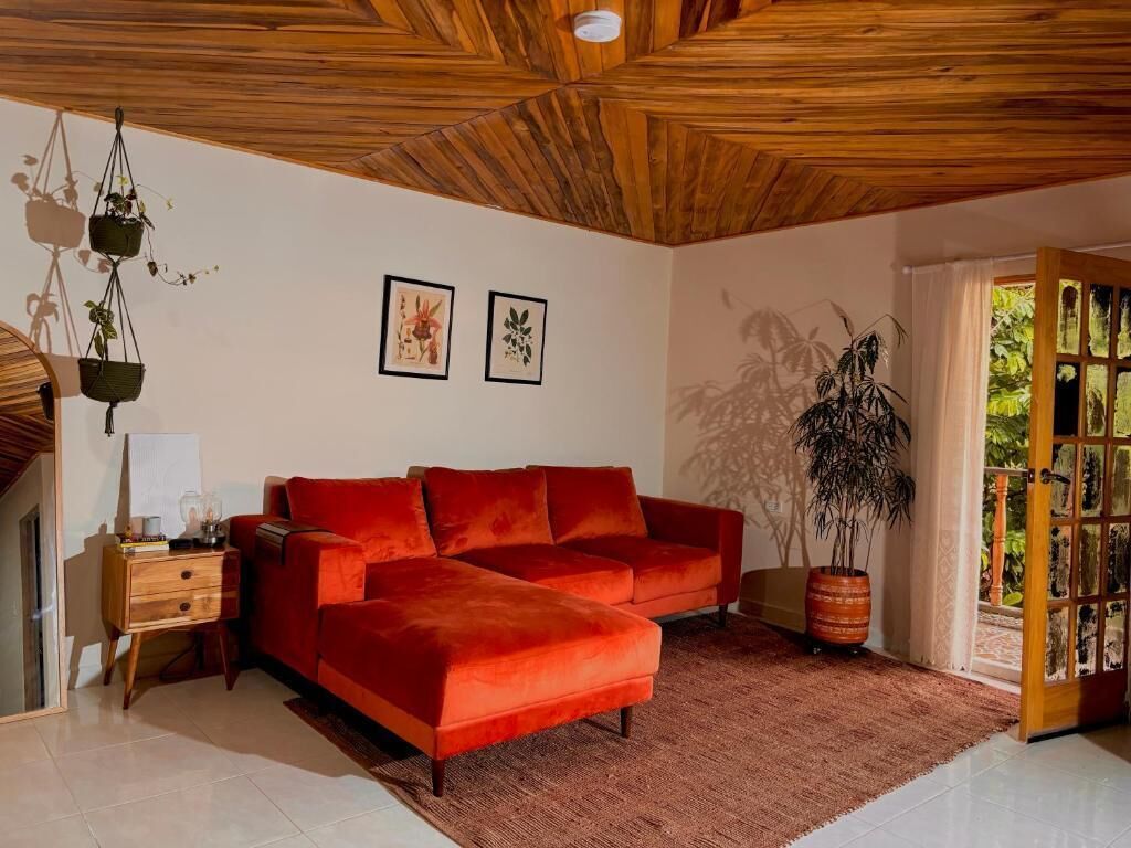 A room with a wooden ceiling, a red sofa, a wooden side table, a large potted plant, and a door leading outside.