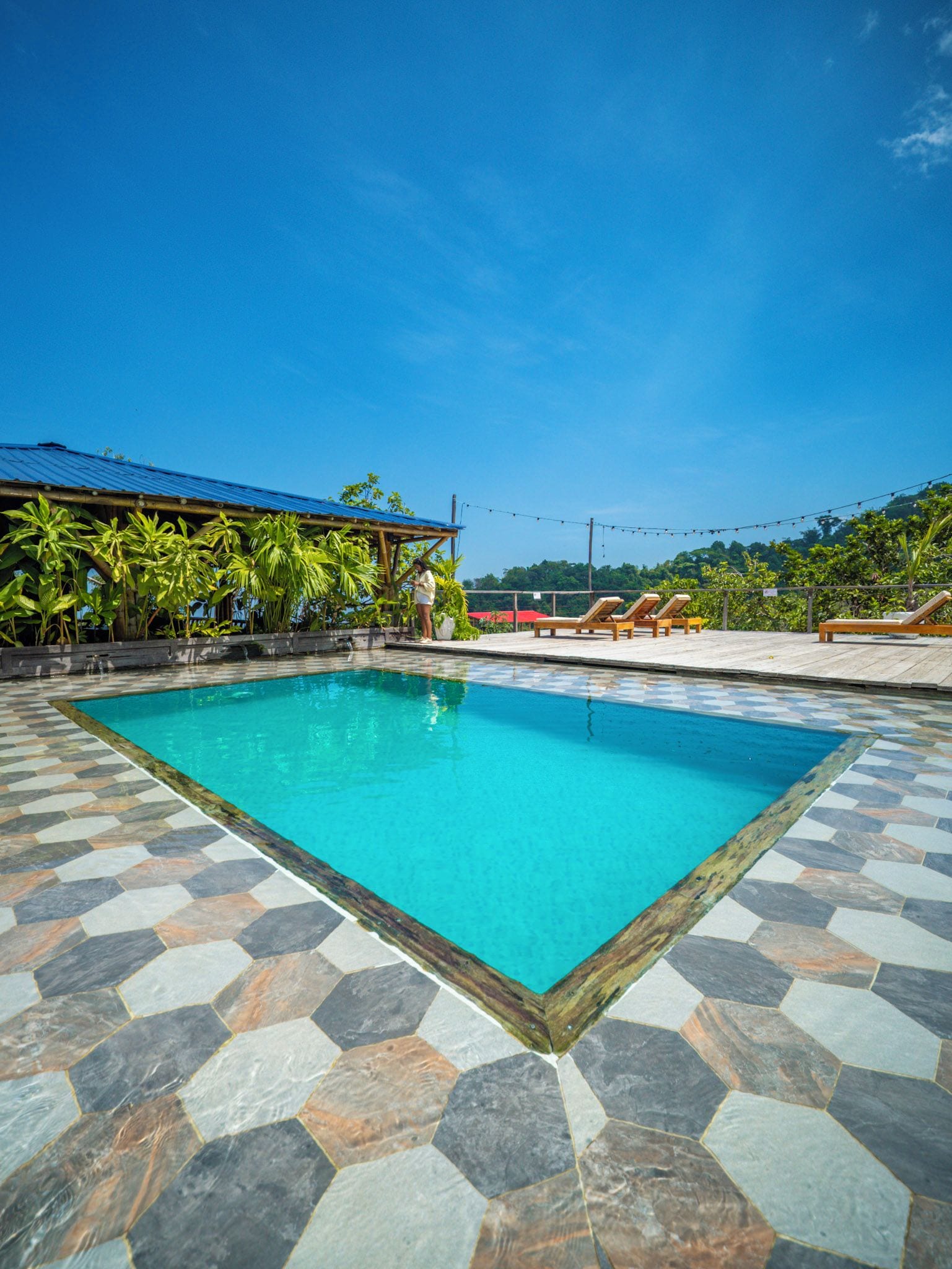 A swimming pool with a tiled deck, surrounded by palm trees and lounge chairs.