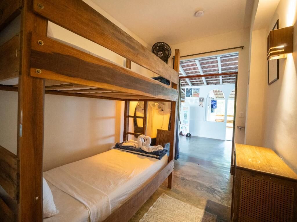 Habitación con literas, cabecera de madera, una mesita y una lámpara.