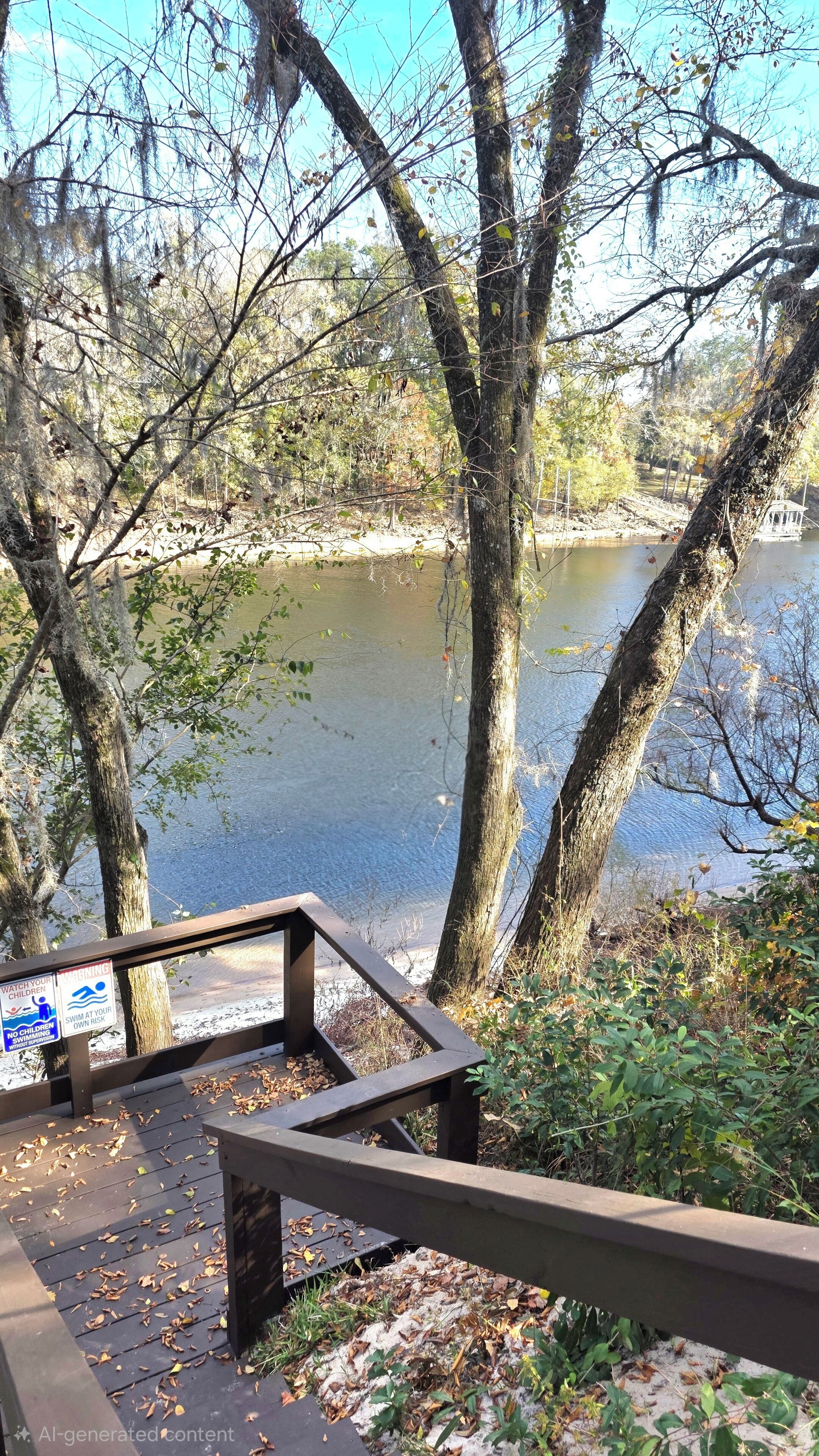 Een houten terras met een waarschuwingsbord, met uitzicht op een rustige rivier met bomen en een boot.