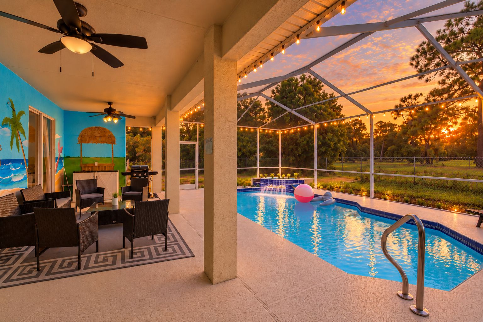 Un área de piscina exterior con zona de estar techada, una parrilla y luces colgantes.