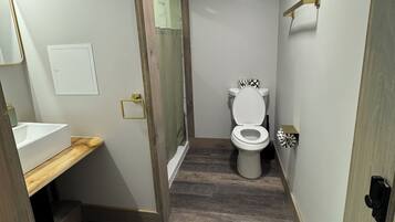 Un bagno con un mobile lavabo in legno, un water e una doccia.