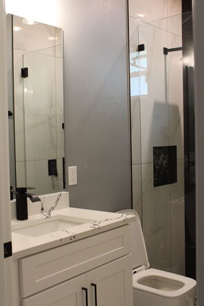 Shower, bidet, towels, soap