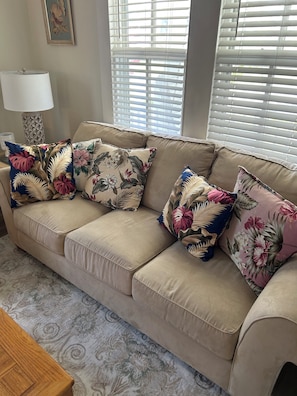 A beige sofa with floral cushions, a patterned rug, and a wall-mounted lamp. - Historic River House with Sunrise Views (New Bern)