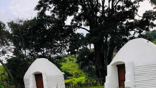Une piscine bordée de deux structures blanches en forme de dôme, le tout entouré d’un jardin aménagé.