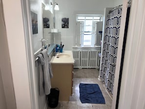 A bathroom with a sink, mirror, towel rack, shower curtain, and a window. - Charming 2-bedroom apartment with AC in vibrant Denver (Denver)
