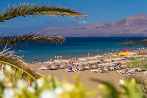 Ein Strand mit Liegestühlen, Sonnenschirmen und freiem Blick auf das Meer und die Berge.