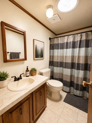 A bathroom with a wooden vanity, a sink, a toilet, a shower curtain, and a framed picture on the wall. - Trailside Cabin/Pet Friendly/Fire Pit/ Fenced Yard (Backus)