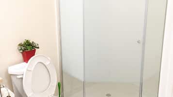 Shower, towels, toilet paper