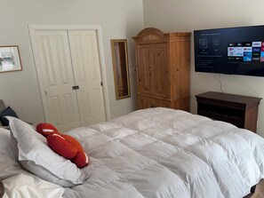 A bedroom with a bed, a wardrobe, a television, and a door.