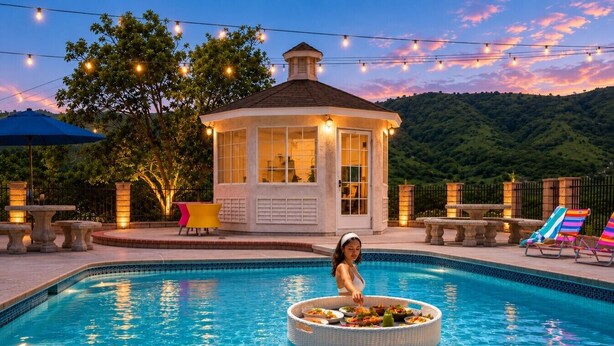 A pool area with a gazebo, lounge chairs, and string lights.