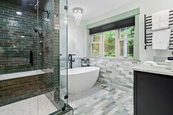 Shower, hair dryer, towels