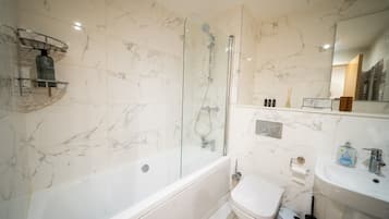 Hair dryer, towels, soap, toilet paper