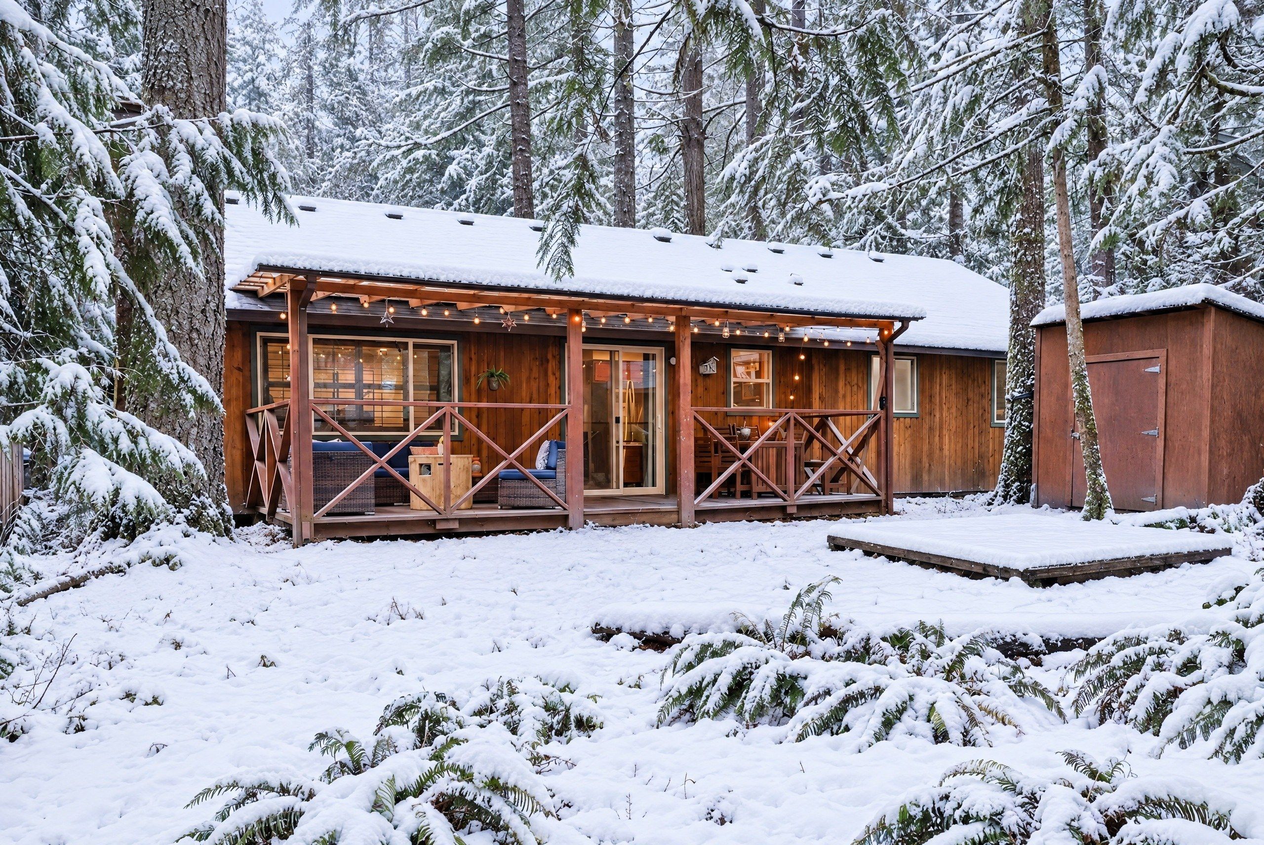 A wooden cabin with a covered porch, surrounded by snow-covered trees.