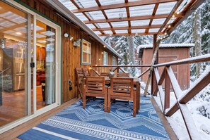 A wooden exterior with a covered patio area, a dining table with chairs, and a snow-covered landscape.