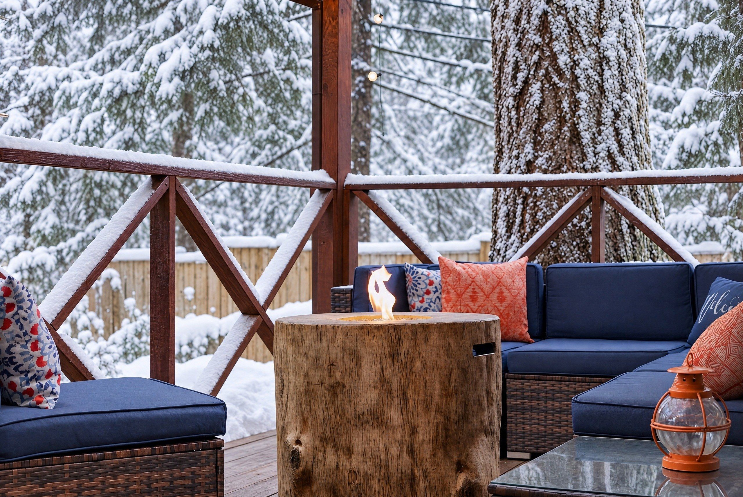 A wooden deck with a fire pit, blue cushioned seating, and a glass table.