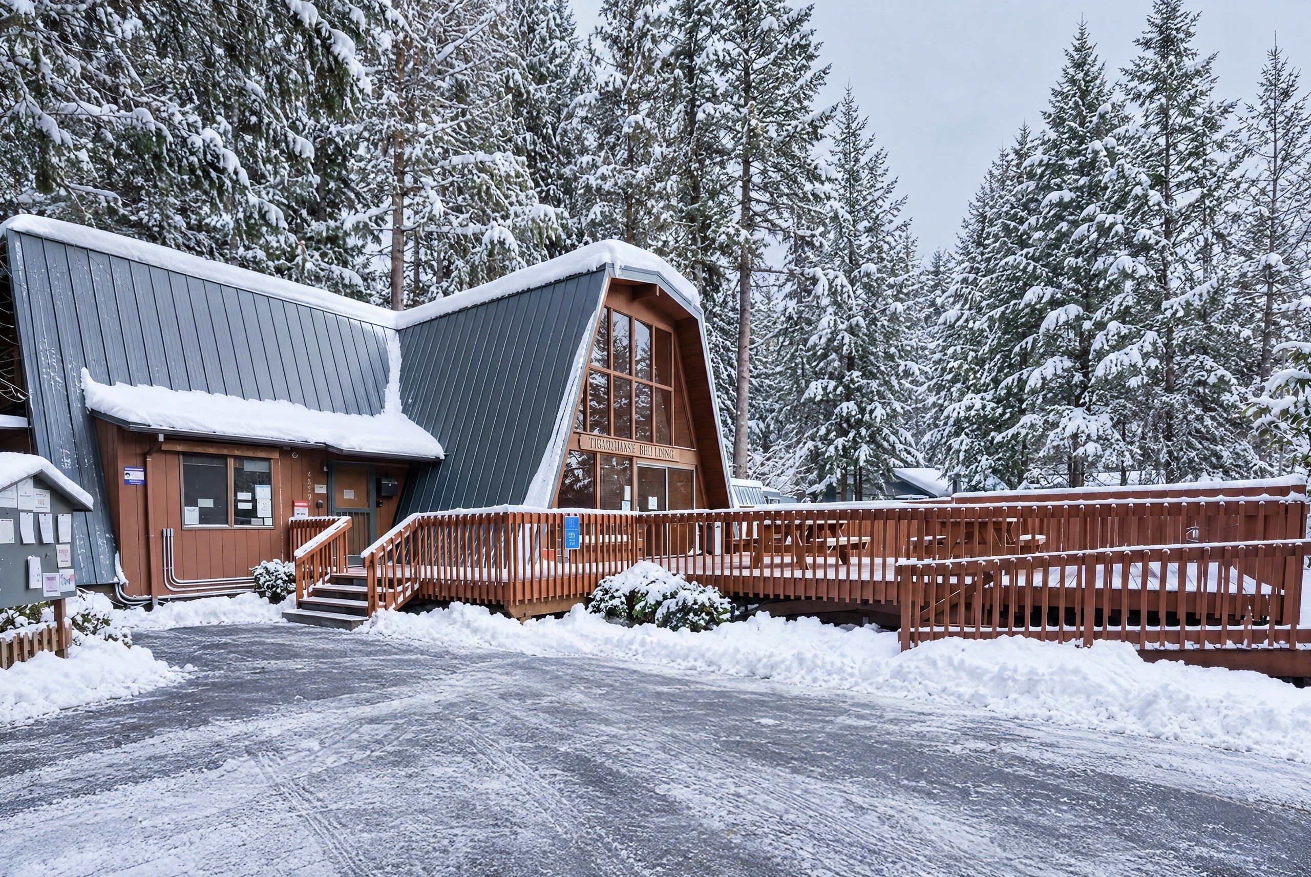 A cabin with a sloped roof, wooden deck, and a snow-covered landscape.