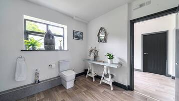 A bathroom with a toilet, sink, and window.