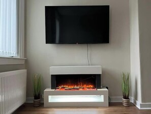 Ein modernes Wohnzimmer mit einem flachbildfernseher an der Wand, einem eingebauten Kamin mit Glasfront und zwei Zimmerpflanzen.