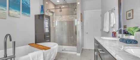 Hair dryer, towels, soap, shampoo