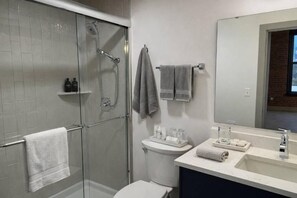 A modern bathroom with a glass shower enclosure, a toilet, a sink with a mirror, and a towel rack. - Brick and Bed - City View Loft/Walk to Stadium, 301 (St. Louis)