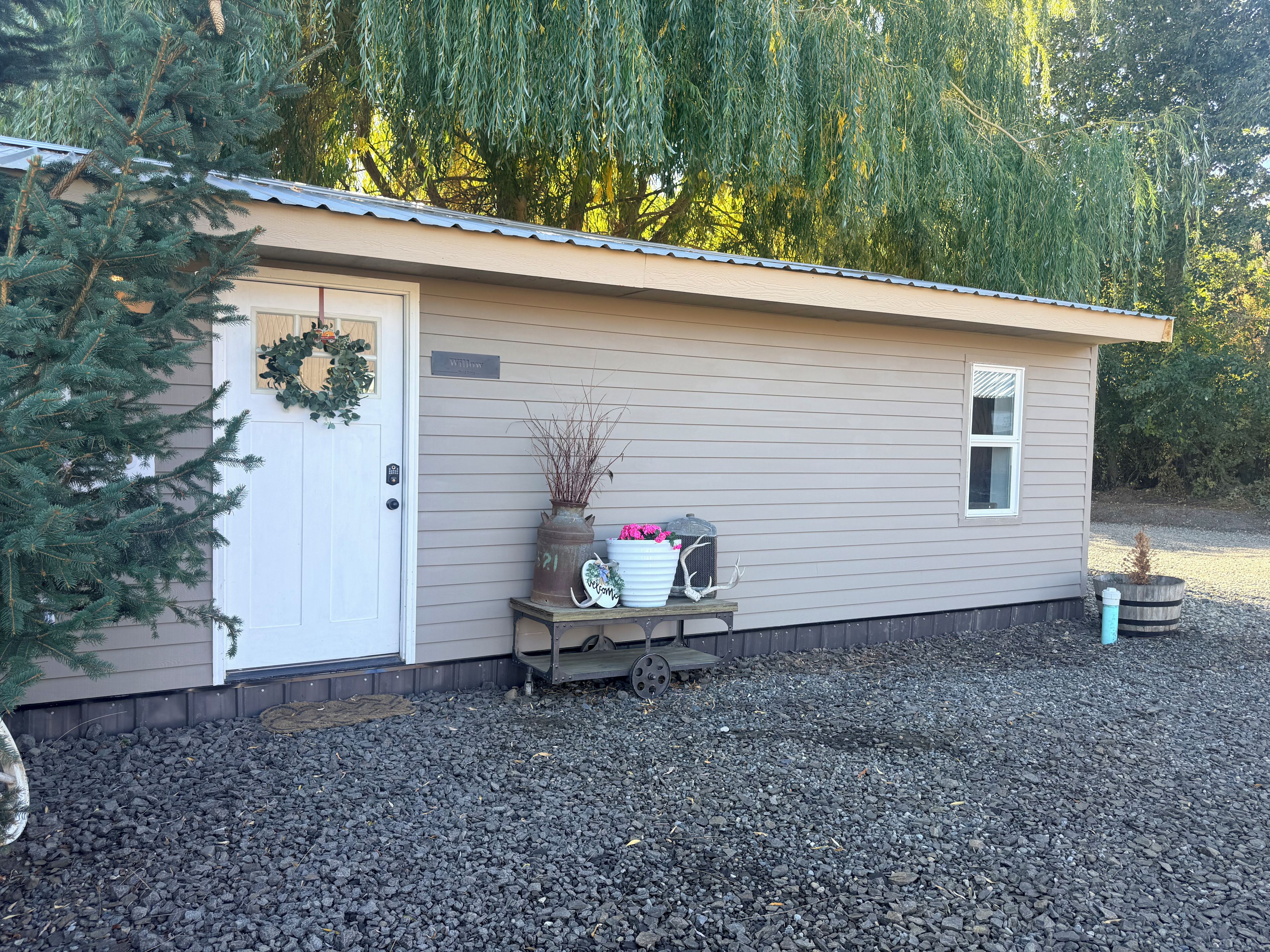 A small, single-story building with a door and a window, surrounded by gravel and a weeping willow tree.