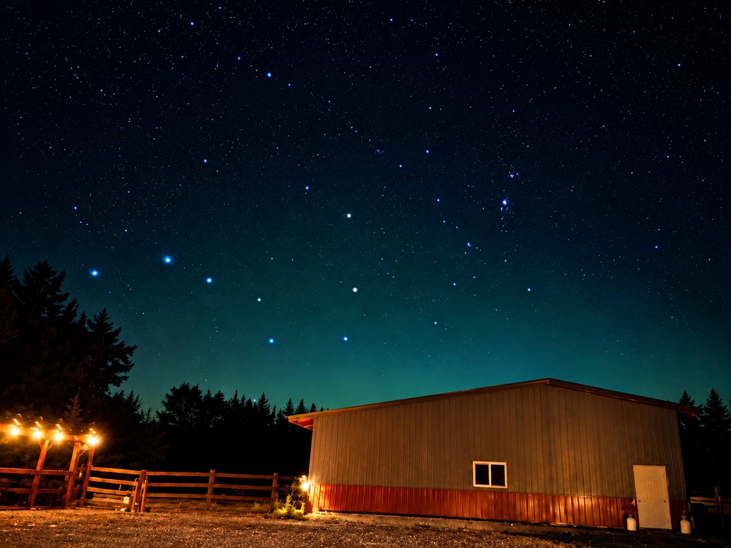 Um celeiro sob um céu estrelado, com vista clara das estrelas.