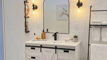 Shower, towels, soap, shampoo