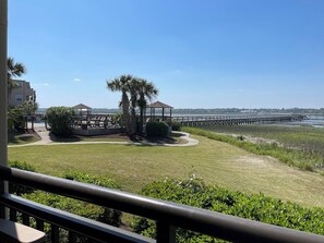 Vista de uma área gramada com um gazebo, uma palmeira e um píer que se estende sobre a água.