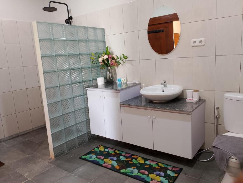 A bathroom with a glass shower enclosure, a white sink, a mirror, and a patterned rug.