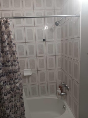 Ein Badezimmer mit Dusche, Badewanne und Toilette.