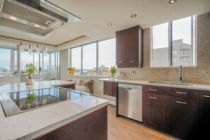 A modern kitchen with a central island, built-in dishwasher, and large windows offering views.