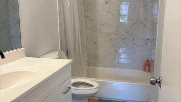 Hair dryer, towels, soap, toilet paper
