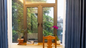 Ein Fenster mit Blick auf Grünfläche, ein Holzsessel und ein Blumentopf.