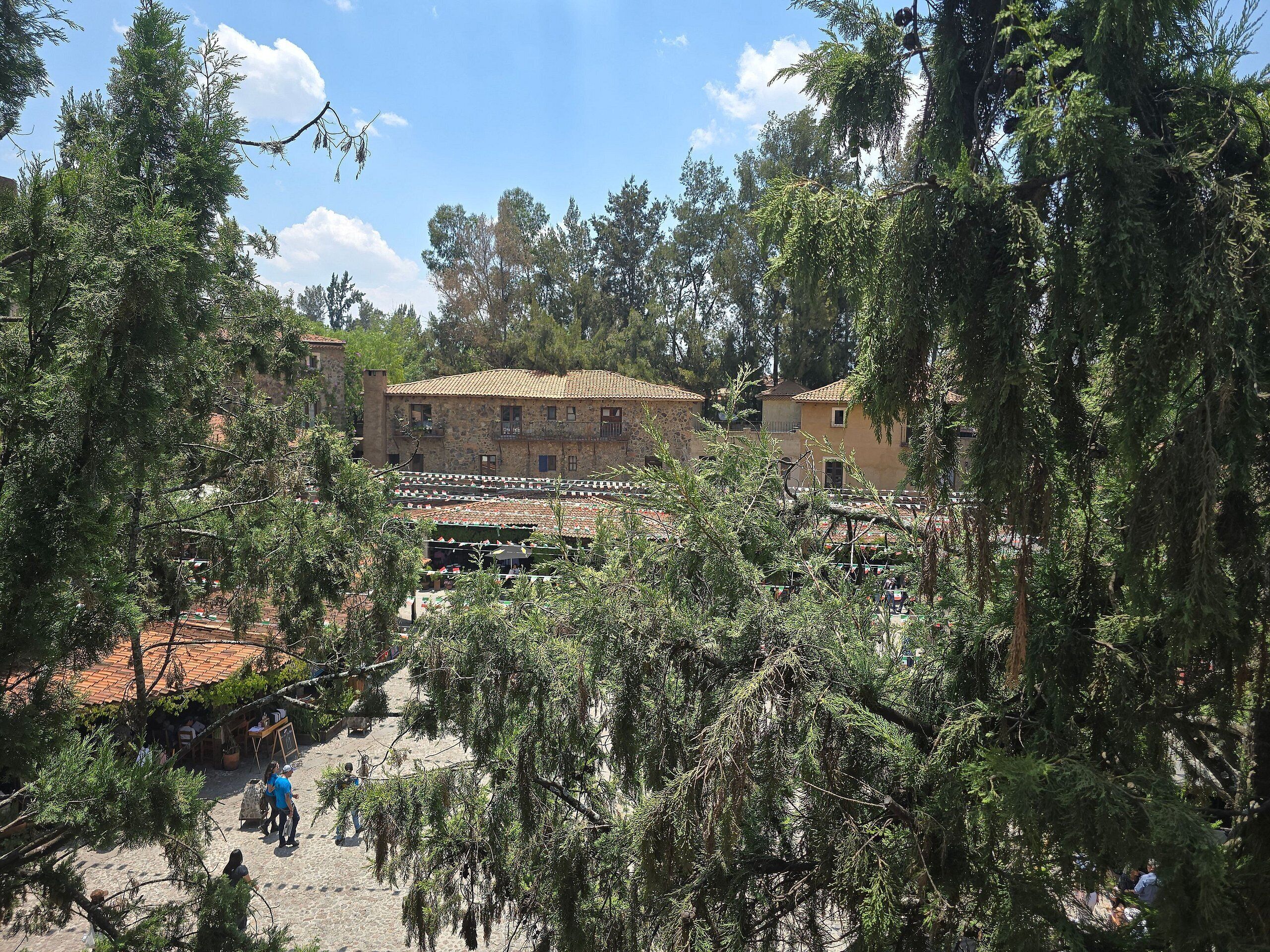 Un patio con un edificio, rodeado de árboles.