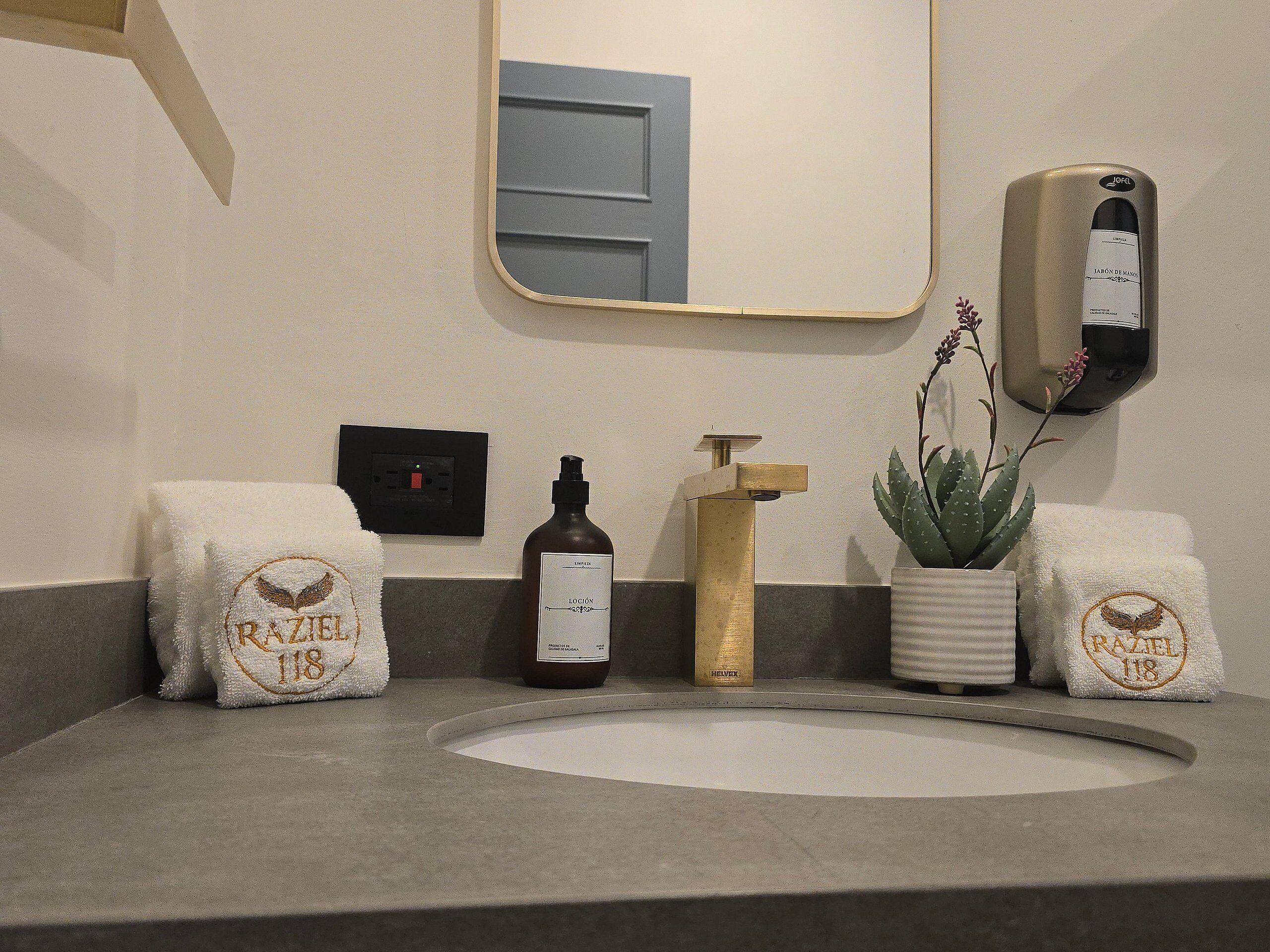 A bathroom with a sink, a hand soap dispenser, a towel rack with towels, and a potted plant.